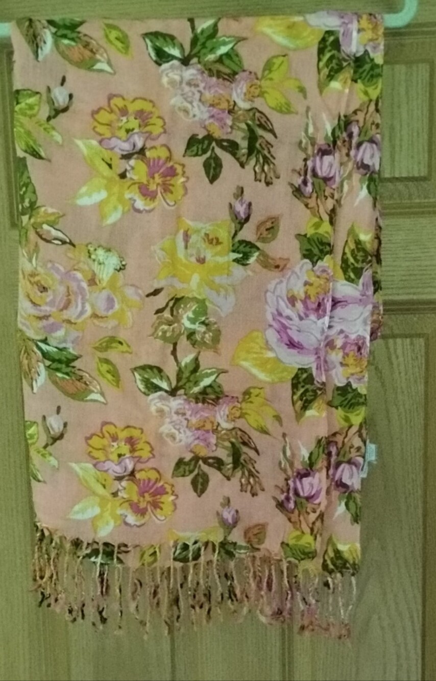 Isaac Mizrahi Peach Floral Fringed Scarf, Wrap